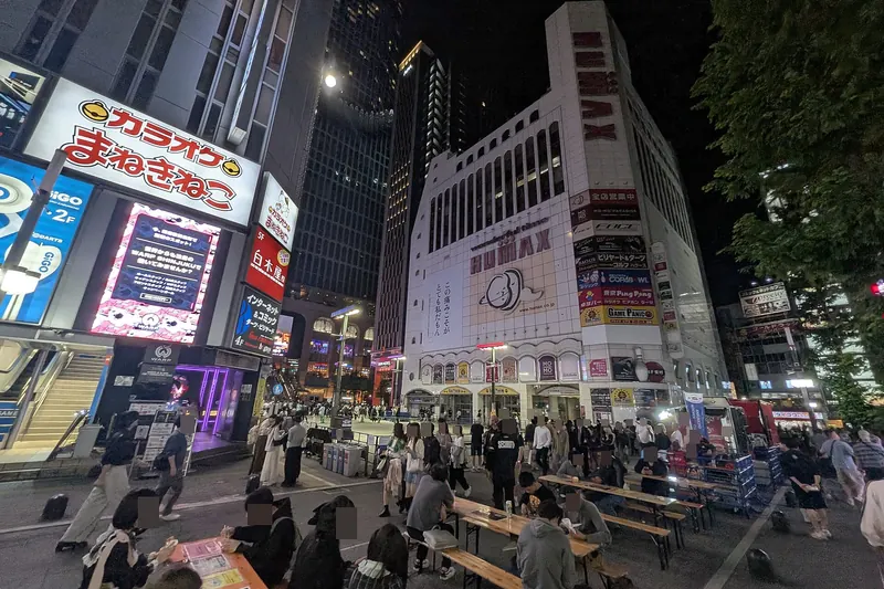 Neon signs on buildings above a busy Kabukicho street in Shinjuku, Tokyo, on a Saturday night
